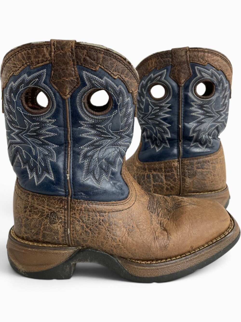 Lil Durango Blue Brown Leather Western Cowboy Boots Square Toe Kids Boys 2 M